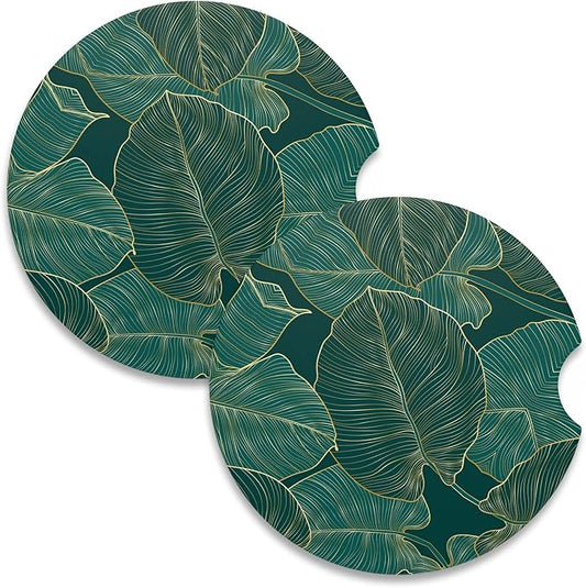 Nipichsha Car Coasters for Cup Holders, 2 Pack Absorbent Ceramic Car Cup Holder Coaster for Drinks, Cute Auto Assecories for Women, Universal Size 2.56 in with Finger Notch & Cork Base, Tropical Leaf