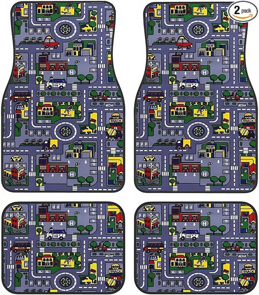 Universal Fit Car Floor Mats Set of 4Pcs, Intersecting City Roads All-Weather Front Rear Car Carpet Mats, Non-Slip Car Floor Mat Car Accessories for Automotive Trucks SUV Sedans Vans