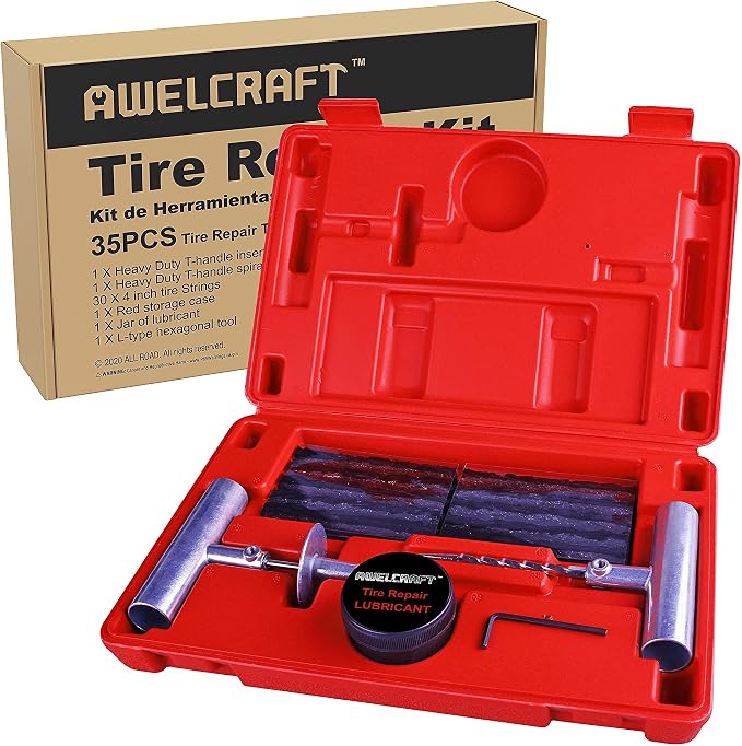 AWELCRAFT 35-Piece Heavy Duty Tire Plug Kit – Professional Flat Tire Repair for Car, Truck, Motorcycle, ATV, SUV – T-Handle Tools, Storage Case – Easy Puncture Repair, No Tire Removal Needed