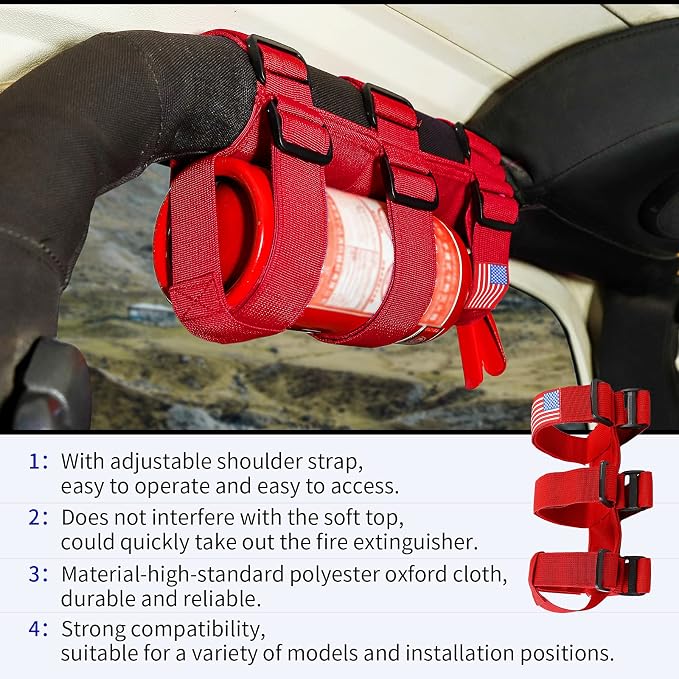 Voodonala Adjustable Roll Bar Fire Extinguisher Mount Holder 3 lb for Jeep Wrangler Unlimited CJ YJ LJ TJ JK JKU JL JLU 4XE,Red with USA Flag Pattern
