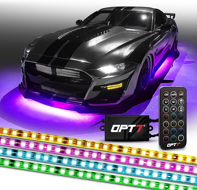 OPT7 Aura Flexible Car Underglow Lights with APP & Remote Control | 4PCS RGB LED Strips, Multicolor Music Modes, 12V Neon Accent Underbody Lighting, Universal Fit for Car Truck SUV, JDM Gifts