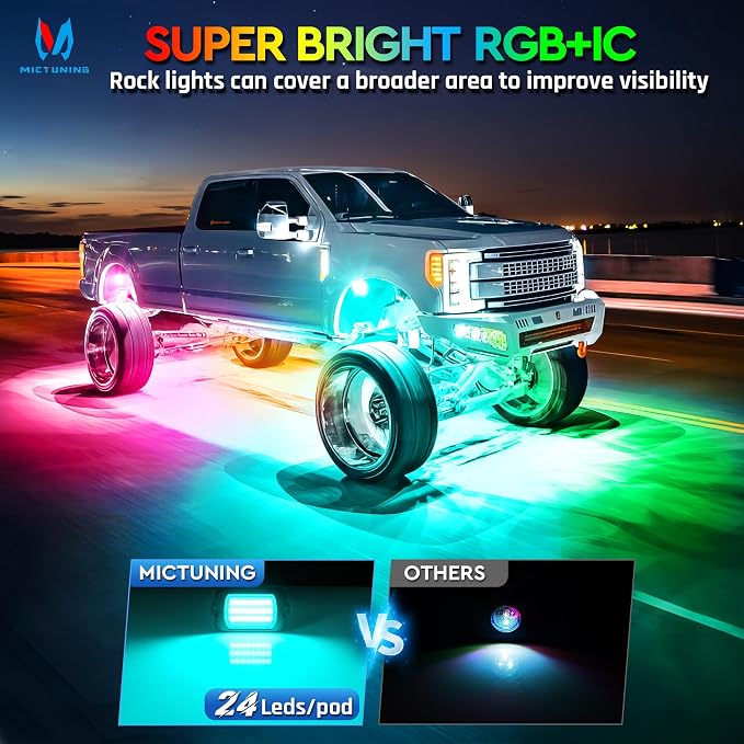 MICTUNING Q1 MAX RGB+IC Chasing Color Ultra-Bright Rock Lights 8 Pods Kits | 1000% Brighter 24 Light Chips Per Pod, Switch Wiring Kit, Aluminum Housing, IP68 Waterproof, Series/Parallel, Up to 24 Pods