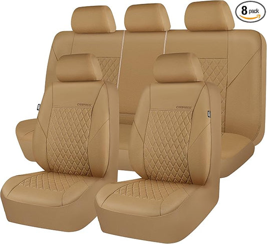 CAR PASS Faux Leather Seat Covers Full Set, Quilting Waterproof Premium Automotive Seat Cover with 5mm Composite Sponge Inside,Airbag Compatible, Universal for Most Cars Sedan SUV Truck, All Beige