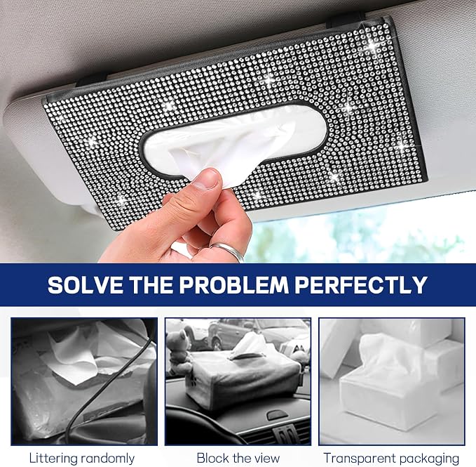Bling Car Tissue Holder for Sun Visor, Crystal Rhinestone Visor Tissue Box, Leather Vehicle Paper Towel Case, Sparkling Auto Napkin Holder for Women, Car Accessories Decoration (White)