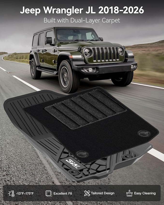 3W Floor Mats & Cargo Liner with Carpets on TOP Fit for Jeep Wrangler JL 2018-2025 2026 Unlimited 4-Door Sahara Willys Rubicon with Subwoofer(Non JK or 4XE) Car Mats Custom Fit for Wrangler JL, 6PCS