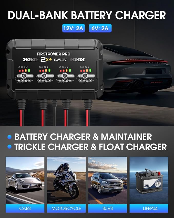 8A 4-Bank Car Battery Charger (2A/Bank) - 6V & 12V Automatic Trickle Charger, Motorcycle Battery Maintainer & Desulfator with Overcharge & Temperature Compensation – for Lead Acid, AGM, Gel, LiFePO4