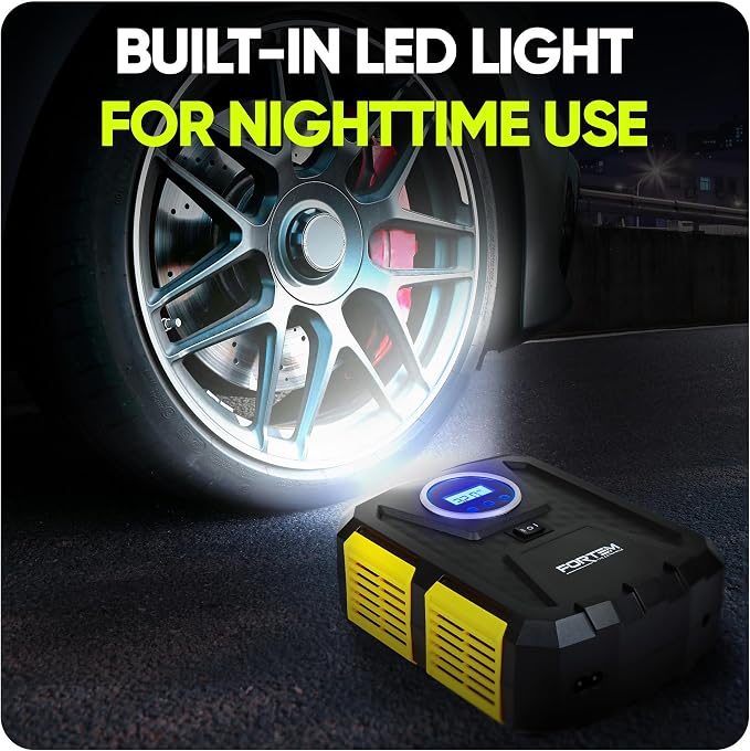 FORTEM Tire Inflator Portable Air Compressor, Air Pump for Car Tires and Bikes, Car Tire Pump w/Auto Shut Off, 150 PSI, 110V AC 12V DC, LED Light, Carrying Case, Perfect For Men, Women
