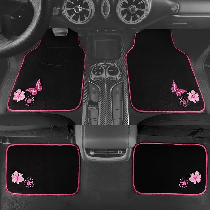 CAR PASS Embroidery Butterfly and Flower Car Floor Mats, Pink Car Floor Mats Universal Fit 95% Automotive,SUVS,Sedan,Vans,for Cute Women,Girly,Set of 4 (Black with Pink)