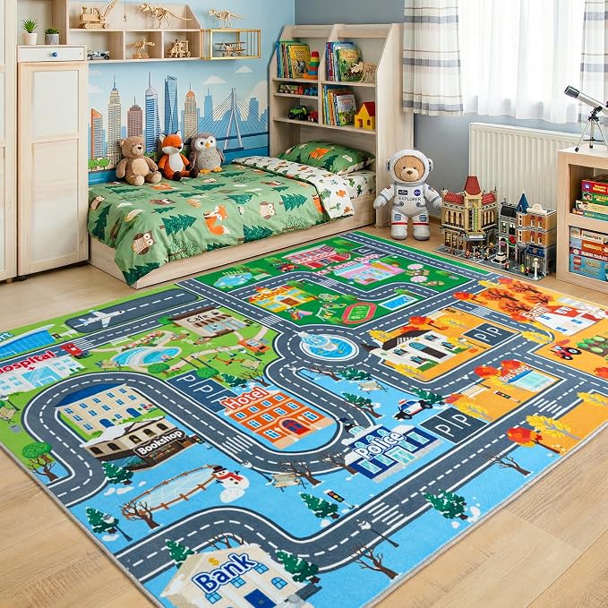 Car Rug for Kids Toy Cars, Town City Track Road Carpet Playmat with Non-Silp Backing, Traffic Playmat for Road Washable Rugs Four Seasons Theme Traffic Mat for Kids Room Bedroom Game Safe Area, 3'x4'