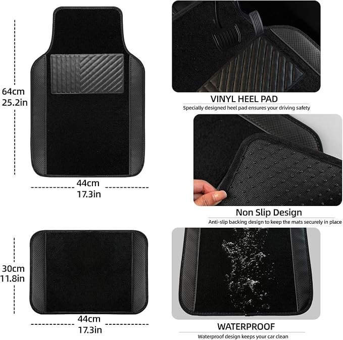 NBTEPEM Microfiber Steering Wheel Cover and Waterproof Car Floor Mats, Universal Fit Most Truck, SUV, Cars, 14.5-15inch Sporty Steering Wheel Covers with Anti-Slip Lining (Black with Black line)