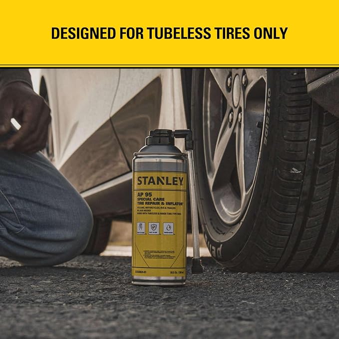 STANLEY AP95 Tire Repair & Inflator – (2x10 oz.) Flat Tire Sealant Spray Kit for Car, Bike, Motorcycle – Seals & Inflates Tubeless Tires – No Jack Needed – Emergency Tire Fix – Rim Safe | 2 Pack