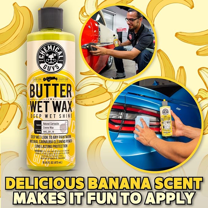Chemical Guys, Butter Wet Wax, Deep Wet Shine Liquid Car Wax, Banana, 16 oz | Spreadable liquid wax adds a deep wet gloss on any paint color, wipes on and off easily, sweet banana scent