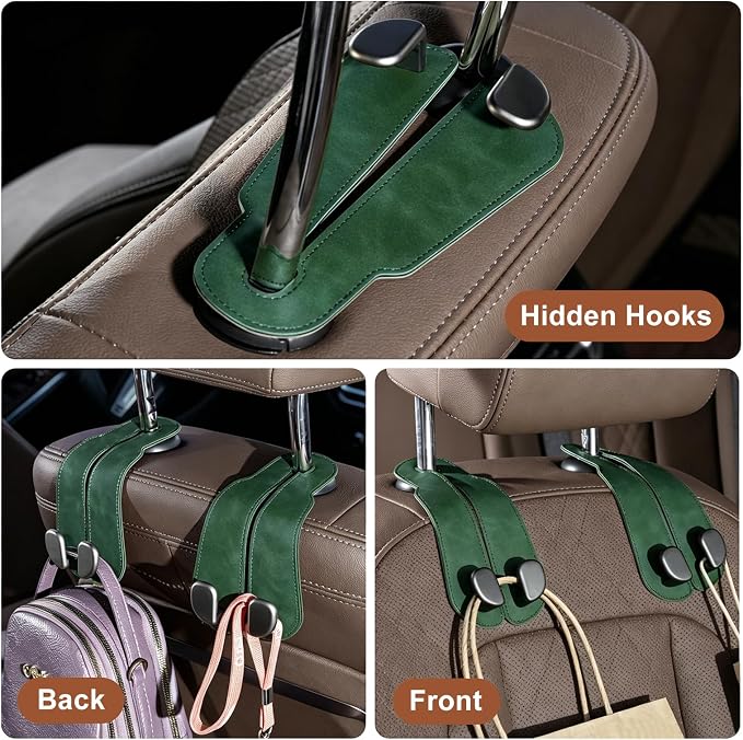 CoBak Purse Hook for Car - Universal Premium Stitched Leather and Aluminum-Magnesium Alloy Double Car Seat Back Storage Hook for Purses, Handbags, Bags (2 Pack),Emerald