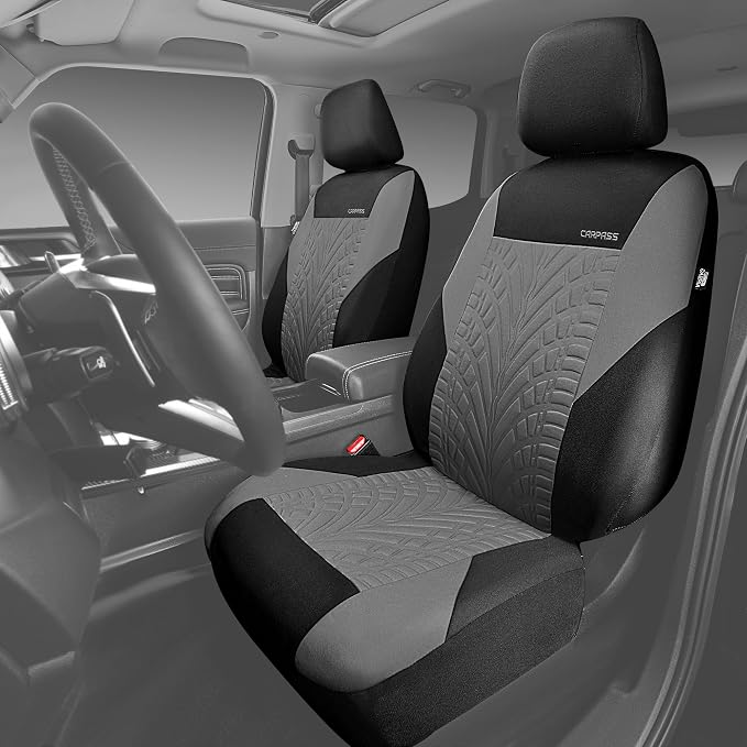 CAR PASS Car Seat Covers Two Front Only for Car, 3D Tyre Print Automotive Interior Covers, Airbag Compatible, Quick Setup Universal Fit Seat Covers for Car, Truck, SUV(Black Gray)