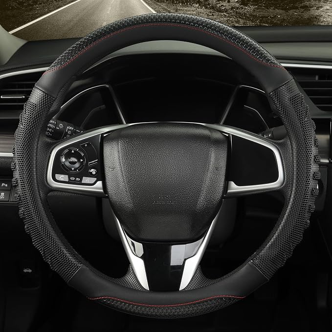 Anti-Slip Silicone Steering Wheel Cover Great Grip with 3D Honeycomb | Heavy-duty Microfiber Leather Sporty Design, Small 13.5 inch - 14 inch, All Black