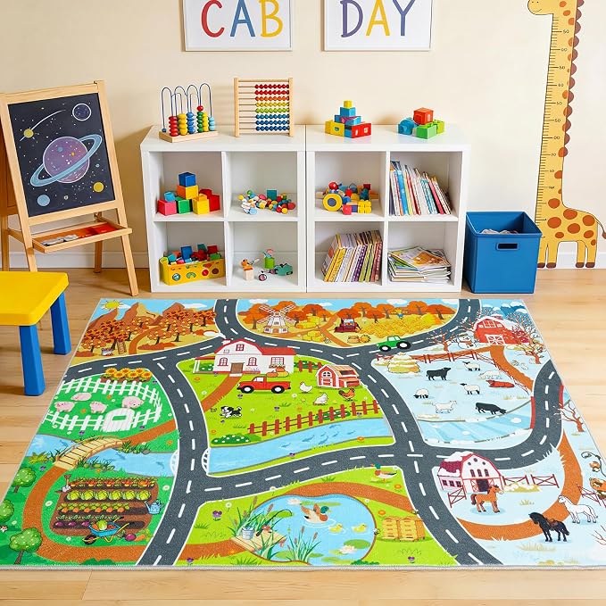 Kids Educational Rug, Town Country Barn Track Road Carpet Playmat with Non-Slip Backing, Play Mat for Roads Washable Rugs Four Seasons Theme Farm Scene Mat for Kids Room Bedroom Game Safe Area, 3'x4'