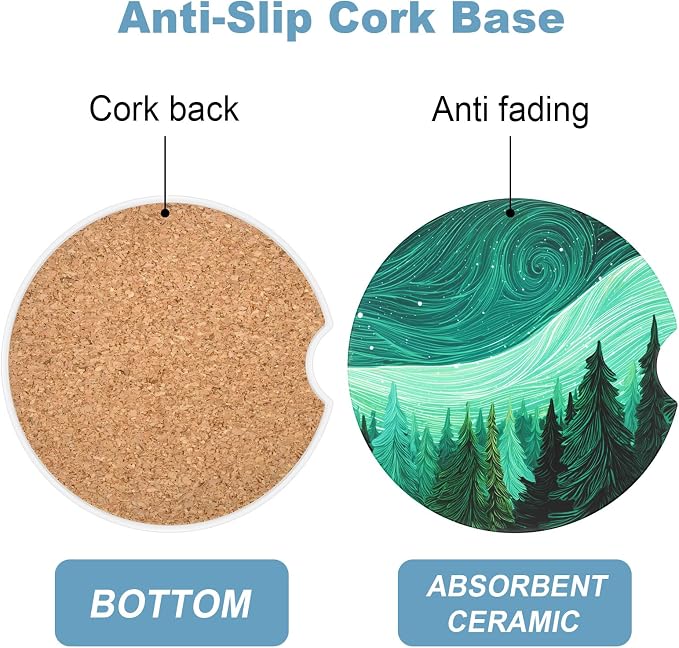 2 Pack Car Cup Holder Coaster, 2.63 inch Anti Slip Insert Absorbent Ceramic Car Coaster with Cork Base and Finger Notch, Cute Car Accessories Interior for Women, Cute Car Coasters.