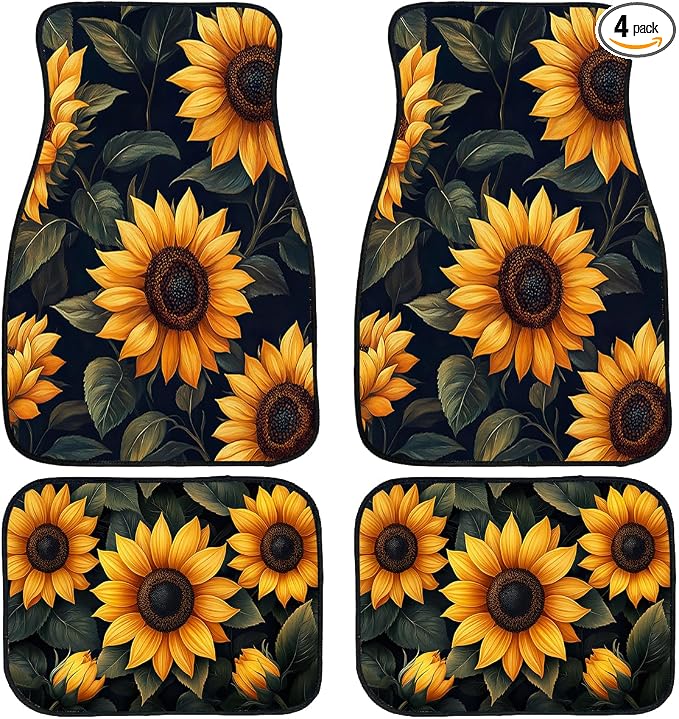 Sunflower Car Floor Mats Set of 4 Black Yellow Vintage Watercolor Automotive Car Floor Carpets Non-Slip Auto Car Accessories Universal Fit Car Accessories for Truck
