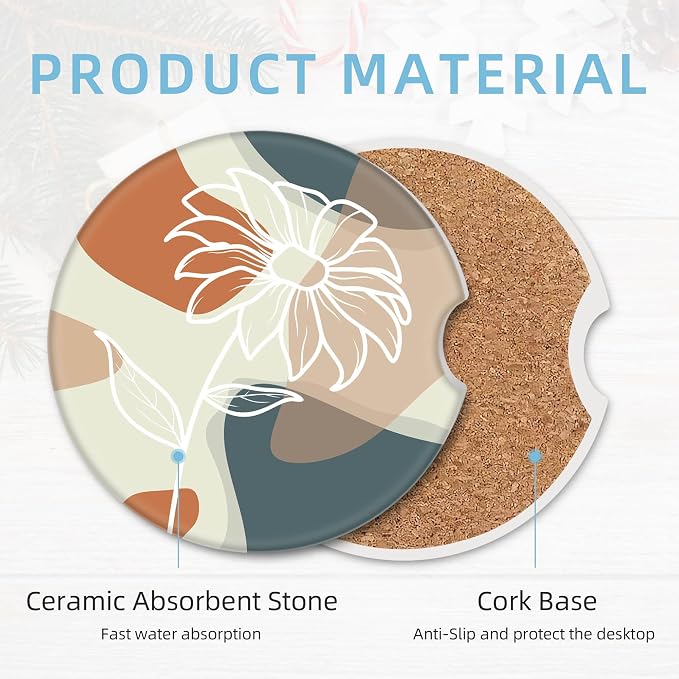 2 Pack Car Coasters for Cup Holders, 2.56" Universal Absorbent Ceramic Stone Car Cup Holder Coasters with Non-Slip Cork Base, Car Interior Accessories for Women Men(Boho Flower)