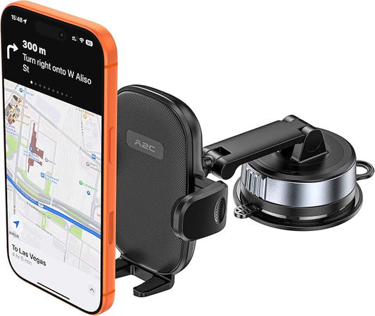 APPS2Car Car Phone Mount for Dashboard & Windshield, Strong Suction Cup Cell Phone Holder with One-Touch Release, 360°Rotation & Dual-Axis Arm, Hands-Free Car Phone Holder for iPhone, Samsung & More