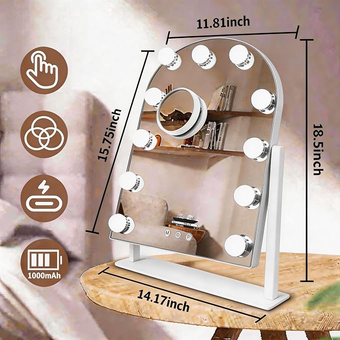 Arched Makeup Vanity Mirror with LED Lights Makeup Mirror Detachable 10X Magnification, Hollywood Make Up Mirror with Lighting, Smart Touch, Rechargeable,360° Rotation, White 18.5"x 14.17"