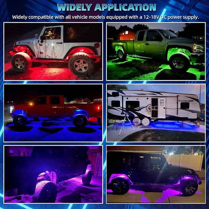 20 Pods RGB LED Rock Lights for Semi Trucks Offroad Pickup Trailer Sedan Boat, 12V Waterproof Dual Zone APP/RF Control Music Mode Brake Light Red Green Blue Underglow Neon Kit with Extension Wires