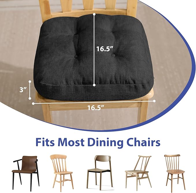 IASEAHK Chair Cushions, Foam Dining Chair Cushions, Tufted Indoor Chair Pads, 16.5” x 16.5” x 3.5”, Set of 2, Black