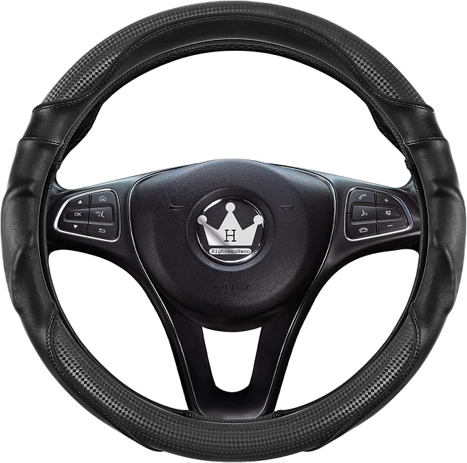 HighnessHwoo 3D Car Steering Wheel Cover Comfort Grip Massage Sporty Anti-Slip Carbon Fiber Faux Leather for F150, Trucks, Jeep, Van, Car Handle Covers for All Seasons, 15.2-16in, Black