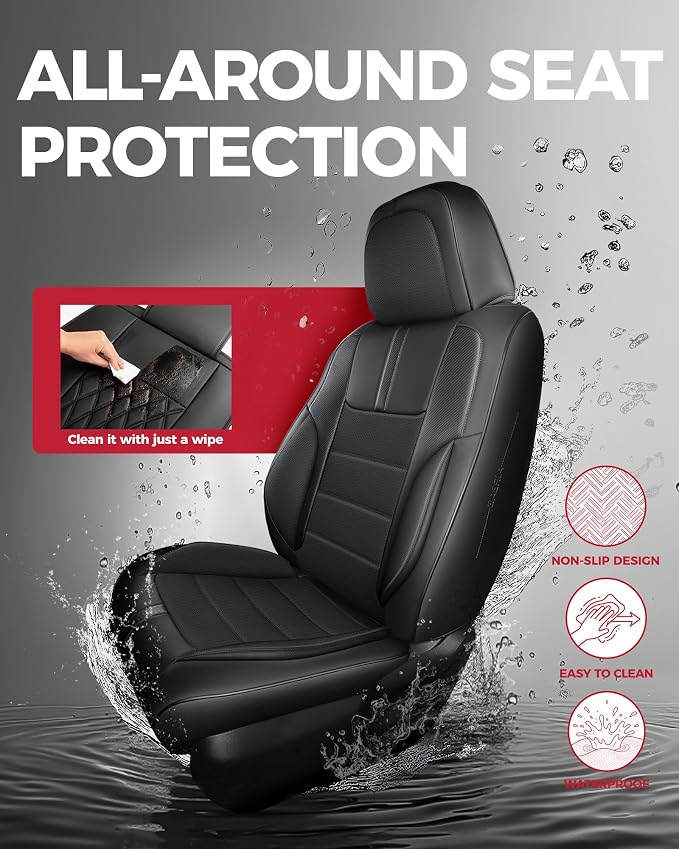 FREESOO Universal Full Seat Covers, Waterproof Faux Leather Automotive Seat Covers with Carbon Fiber Texture Seat Belt Pads, Anti-Slip Airbag Compatible Car Seat Covers for Cars SUVs Trucks