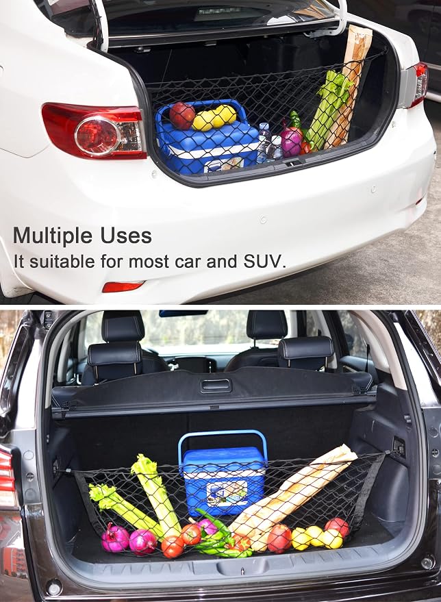 BAILALIBO Cargo Net with Metal Hooks, 43.3x15.8 in | Elastic stretchable mesh, adjustable for SUV/truck/jeep, universal fit, secure trunk storage, heavy-duty for car exterior