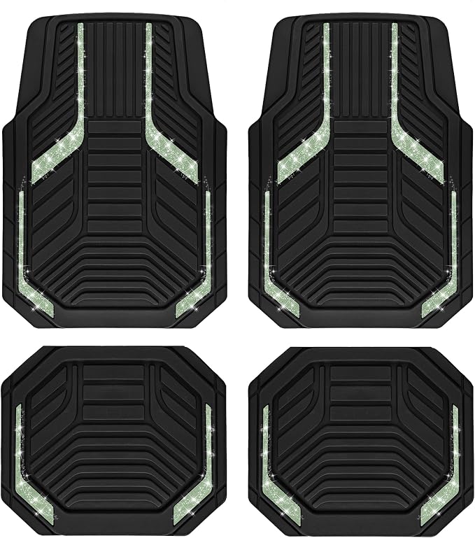 PIC AUTO Car Floor Mats, Green Sparkly Crystal Bling Glitter Car Mats Set, Front and Rear Heavy Duty Rubber Car Mats with Anti-Slip Backing, All Weather, Trim-to-Fit for Automotive SUVs, Sedan, Vans
