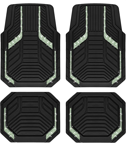 PIC AUTO Car Floor Mats, Green Sparkly Crystal Bling Glitter Car Mats Set, Front and Rear Heavy Duty Rubber Car Mats with Anti-Slip Backing, All Weather, Trim-to-Fit for Automotive SUVs, Sedan, Vans