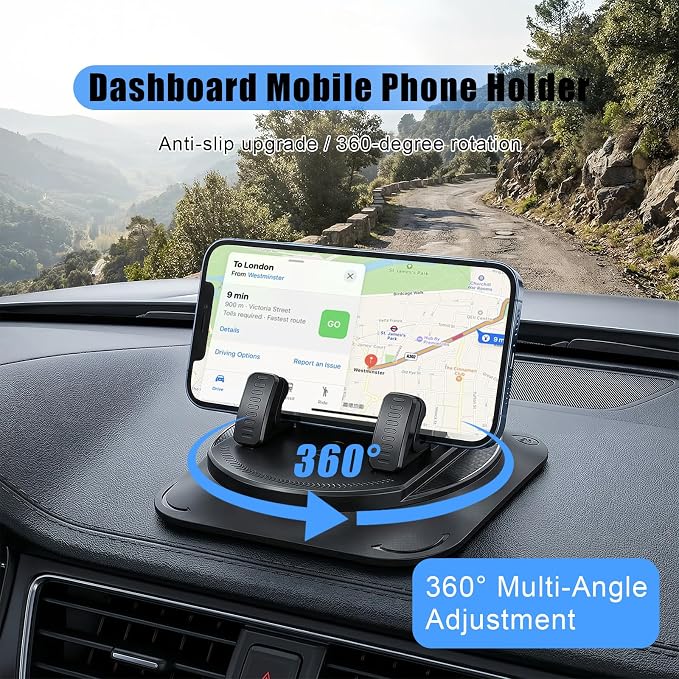 Car Dashboard Phone Holder, Self-Adhesive Car Phone Holder 360 Degree Rotation, Universal Anti-Slip Automotive Mount, Vibration-Free & One-Handed Operation (Black)