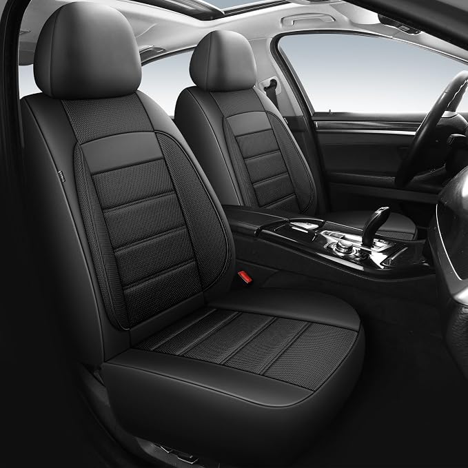 HChengkikz Front Car Seat Covers, Leather, 3D Foam Back Support (Black) | Air Mesh, Airbag Compatible, Universal Fit for Most Cars, Vans, Trucks, SUVs