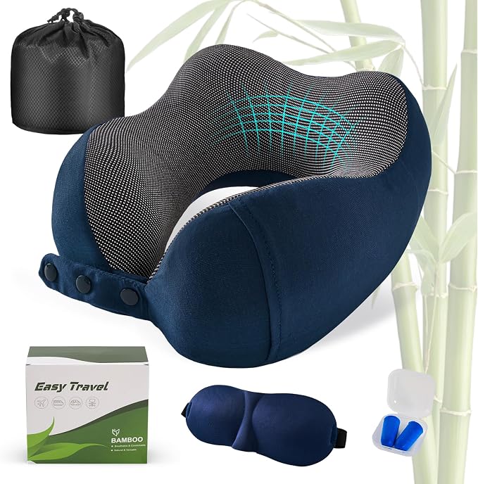 Cirorld Neck Pillow for Traveling, Travel Pillows for Airplanes,100% Pure Memory Foam Travel Neck Pillow, Adjustable Flight Pillow, Portable Plane Accessories with Eye Mask, Earplugs, Carry Bag