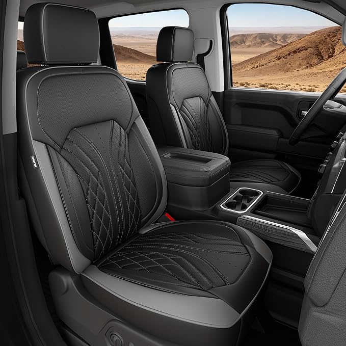 Truck Leather Seat Covers for Chevy Silverado Gmc Sierra 2019-2026 | Crew Cab 1500/2500/3500HD, Bucket Seat, NO Rear Seatback Storage, Scratch-resistant, Easy-clean, Pickup Protector, Full Set