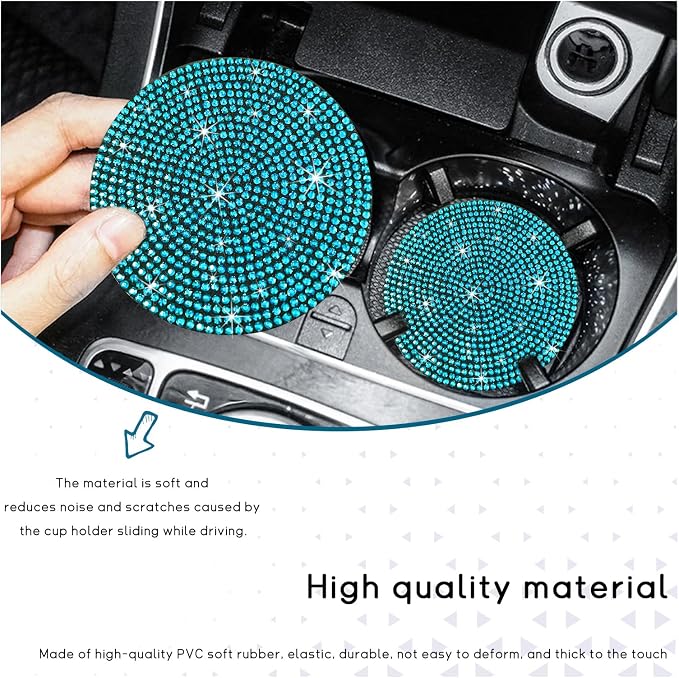 Ziciner 2 Pack Bling Car Cup Holder Coaster, Anti-Slip Auto Insert Coaster with Start Stop Button Cover, Universal Shiny Crystal Vehicle Interior Accessories for Women and Girls (Light Blue)