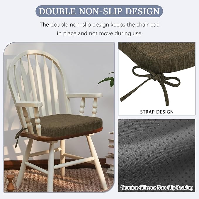 baibu Kitchen Chair Cushions Set of 4, Dual-Layer Patented Design Memory Foam Dining Chair Pads with Ties and Washable Cover, 4 Pack, 17" x 16" x 2", Brown