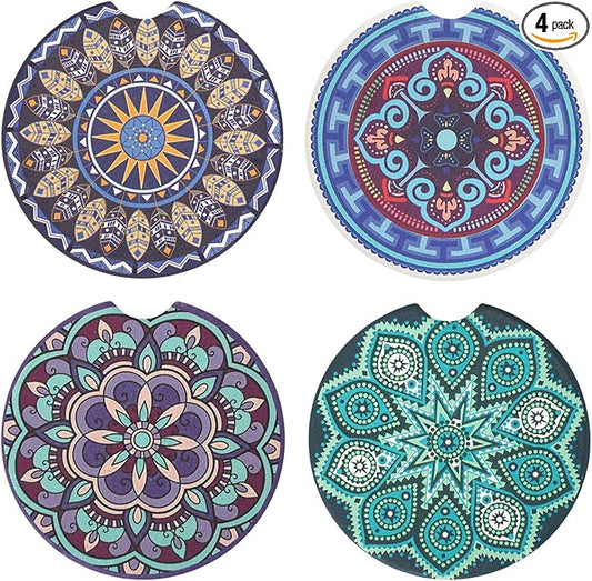 Vaincre 4 Pack 2.56" Car Coasters for Drinks Absorbent, Mandala Ceramic Cup Holder Coaster for Your Car with Fingertip Grip, Removable Cute Auto Accessories, Keep Vehicle Clean for Women & Girls