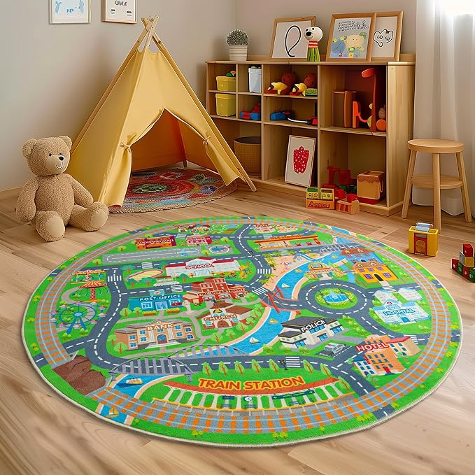 Car Rug Play Mat for Kids Toy Cars, Road Traffic Playmat for Kid Bedroom, Non-Slip Machine Washable Town City Race Track Carpet for Learn and Have Fun Round 47"