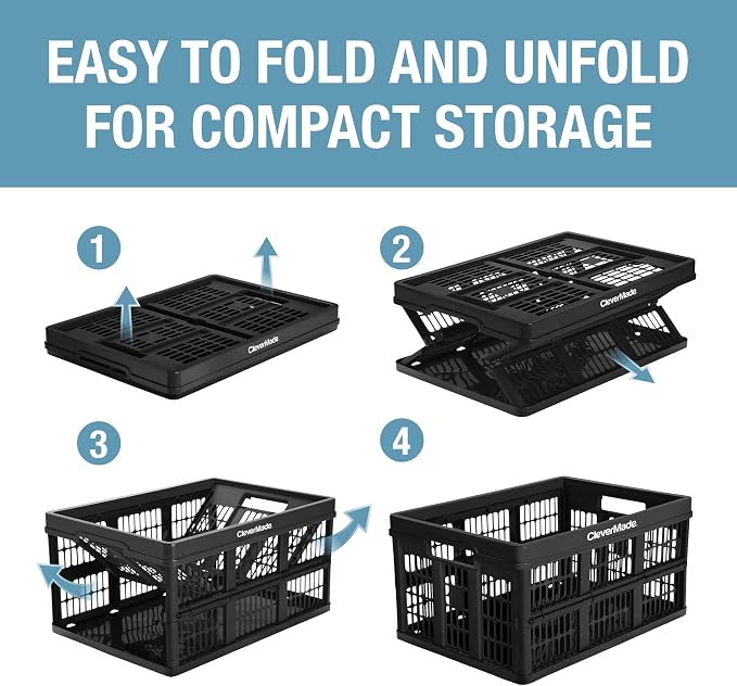 CleverMade Collapsible Utility Crates, Obsidian, 3 Pack, 45L/11 Gal, 66 lbs Capacity, Stackable Containers, Heavy Duty, Space-Saving Baskets,Polypropylene (PP)