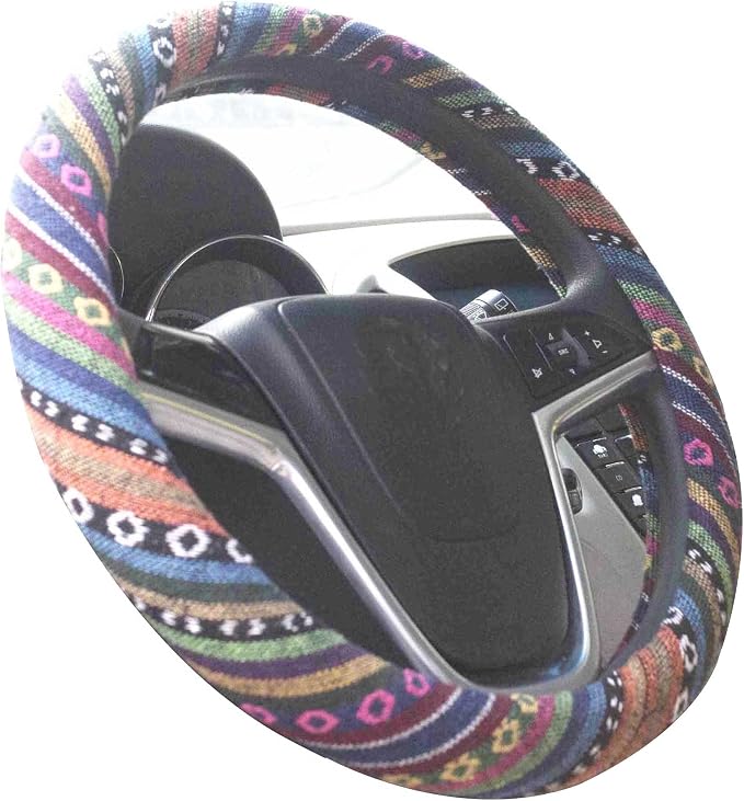 Medium Ethnic Style Coarse Flax Cloth Automotive Steering Wheel Cover Anti Slip and Sweat Absorption Auto Car Wrap Cover (14.5''-15'',C)