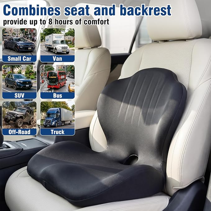 Car Seat Cushion with Lumbar Support Pillow, Memory Foam Office Chair Cushion for Back Pain Sciatica Pain Relief, Ergonomic L-Shaped Seat Cushion for Car Truck Driving Office Chair Home