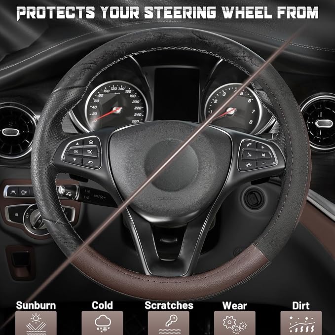 SEG Direct Steering Wheel Cover for Car, Standard Size 14.5-15 inch, Auto Interior Accessories, Black and Dark Brown