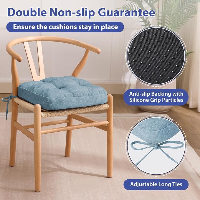 IASEAHK Chair Cushions for Dining Chairs, Dining Chair Cushions, Tufted Indoor Chair Pads with Ties & Non Slip Backing, Seat Cushions for Kitchen Chairs 16.5” x 16.5” x 3.5”, Set of 6, Light Blue