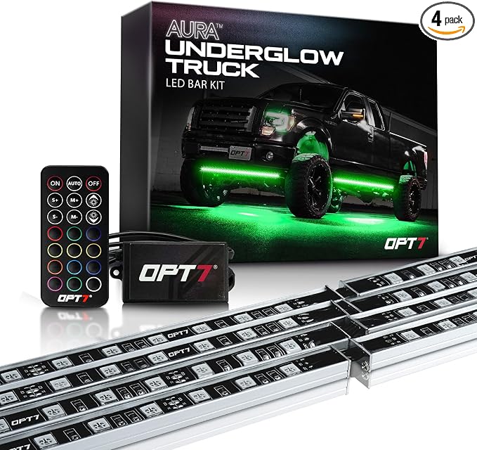OPT7 Aura RGB Aluminum Truck Underglow Kit with Remote Control | Waterproof Rigid LED Bars, Multicolor Underbody Lighting, Exterior Neon Accent Ground Lights, Off Road Pickup Jeep Gifts, 12V