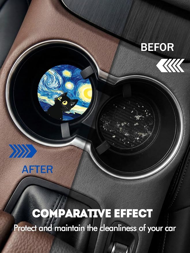 WOCOCN Car Coasters for Cup Holders - 2 Pack 2.75" Universal Rubber Car Cup Coaster, Non-Slip Waterproof Car Interior Accessories, Cute Car Decor Gifts for Women and Men (Blue Starry Sky Cat)