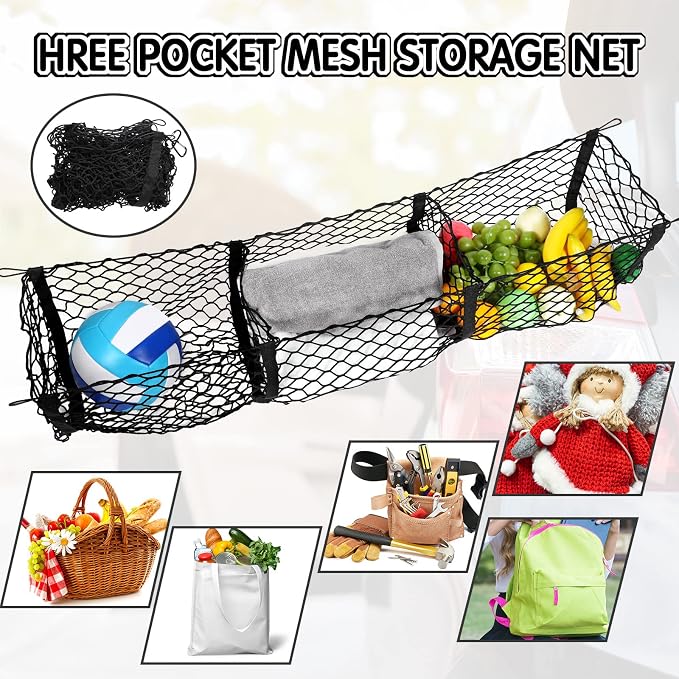 Tallew 2 Pcs Car Rear Cargo Net, Adjustable Elastic Mesh Cargo Net, 3 Pocket Heavy Duty Trunk Bed Storage Organizer, Universal for Car SUV Vehicle Pickup Truck with Accessories(43.3 x 15.7 Inches)
