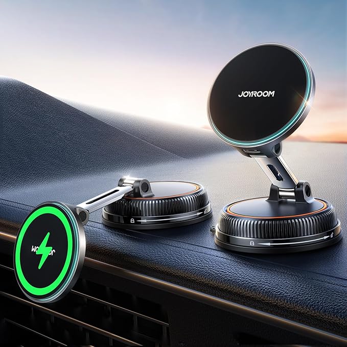 JOYROOM for iPhone 15W Magsafe Car Charger with Vacuum & Gel Strong Suction | 360° Vacuum Magnetic Car Phone Holder Charger, Car Mount for iPhone (Orange)