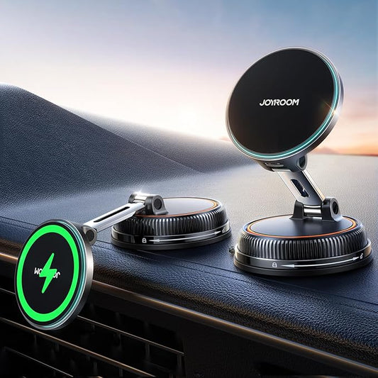 JOYROOM for iPhone 15W Magsafe Car Charger with Vacuum & Gel Strong Suction | 360° Vacuum Magnetic Car Phone Holder Charger, Car Mount for iPhone (Orange)